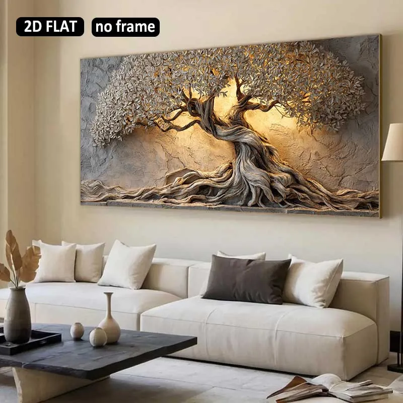 2D Flat Large Frameless Modern Tree of Life Artwork Canvas Wall Art - Unframed Neutral Canvas Prints for Living Room Decorations