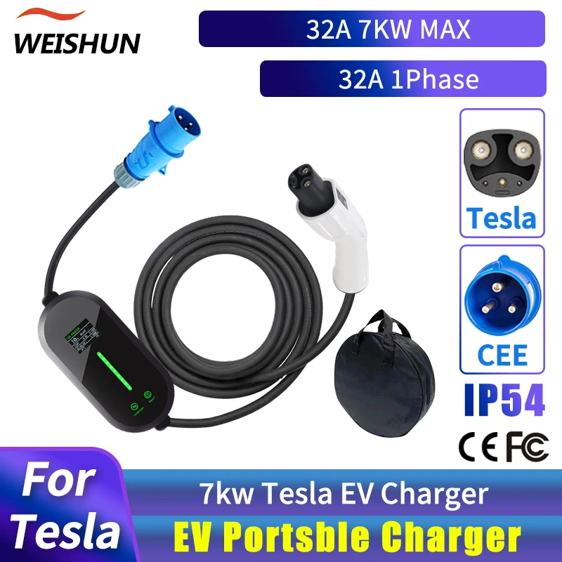 Cargador portátil EV de 3,5 kW, Wallbox para Tesla Model 3/X/Y/S, cargador de coche eléctrico de 7KW, Cable de carga rápida NACS de 5m