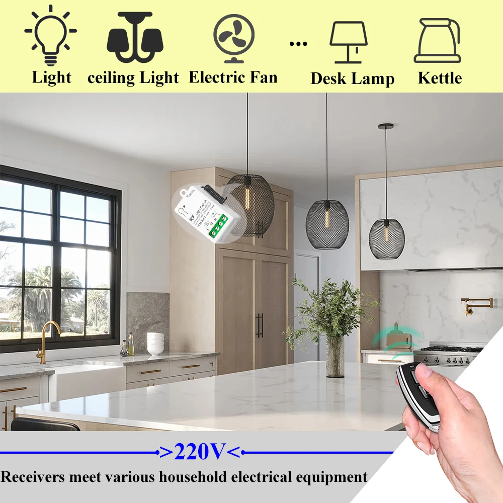 433MHz Universal Remote Control Light Switch AC 110V 220V Mini Relay Receiver Transmit 50m for Lamp/Fan/Home Appliance
