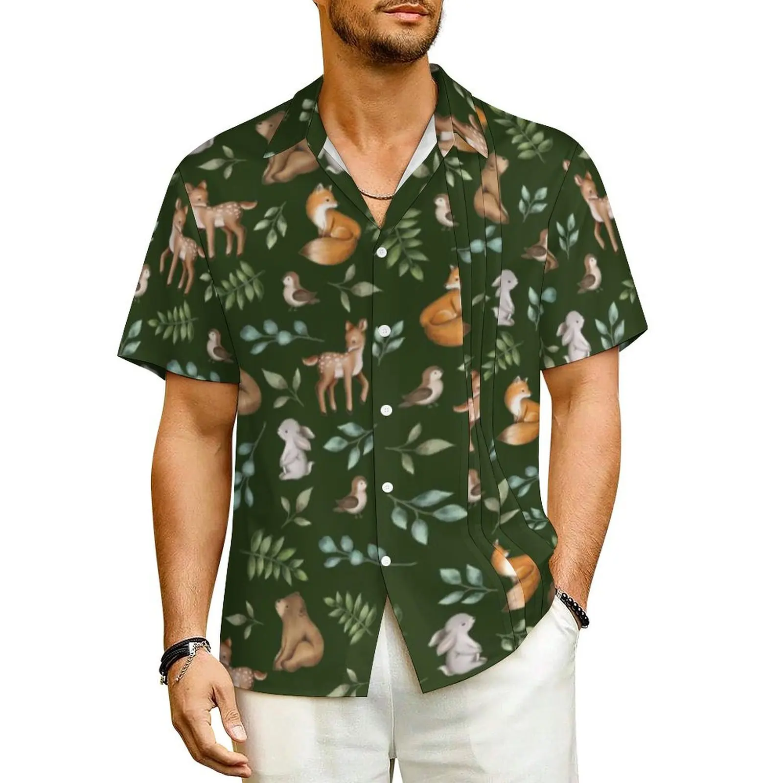 

Forest Animal Casual Shirt Bear Fox Deer Vintage Summer Shirts Male Short-Sleeve Beach Korean Fashion Pattern Oversized Blouses