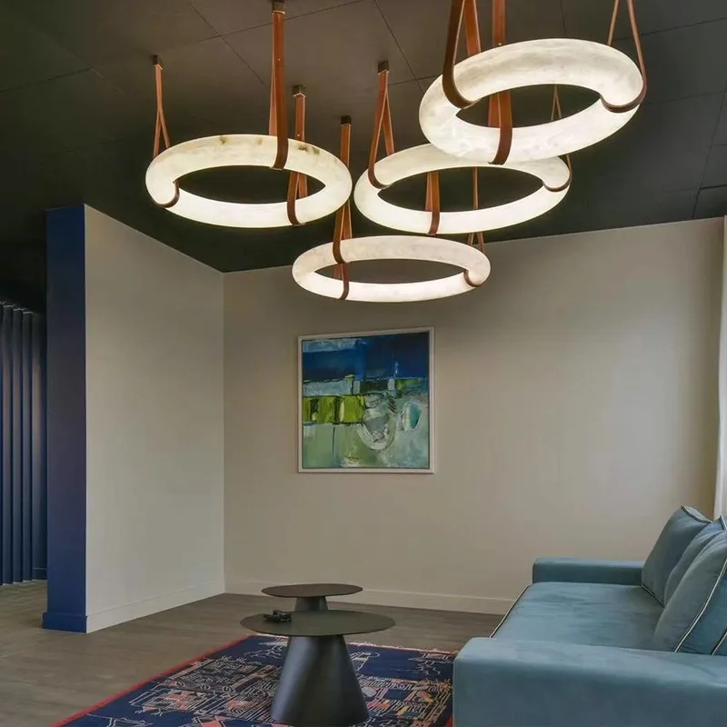 Simple modern natural marble chandelier round designer model room dining room new Chinese high-end villa living room lamp