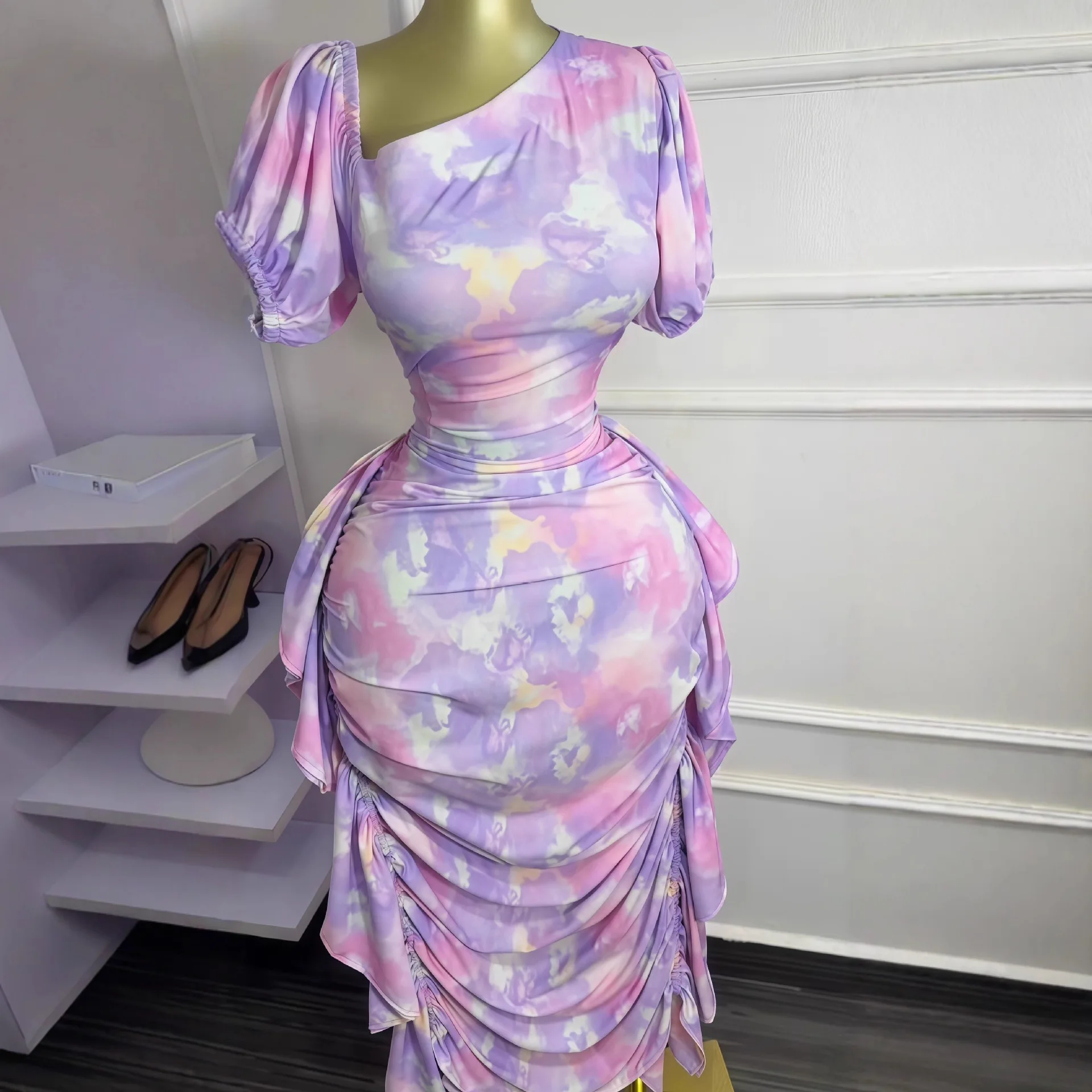 Women Tie Dye Printed Skew Neck Ruched Stacked Bodycon Midi Maxi Long Dress 2025 Vacation Holiday Sexy Vestidos Dresses