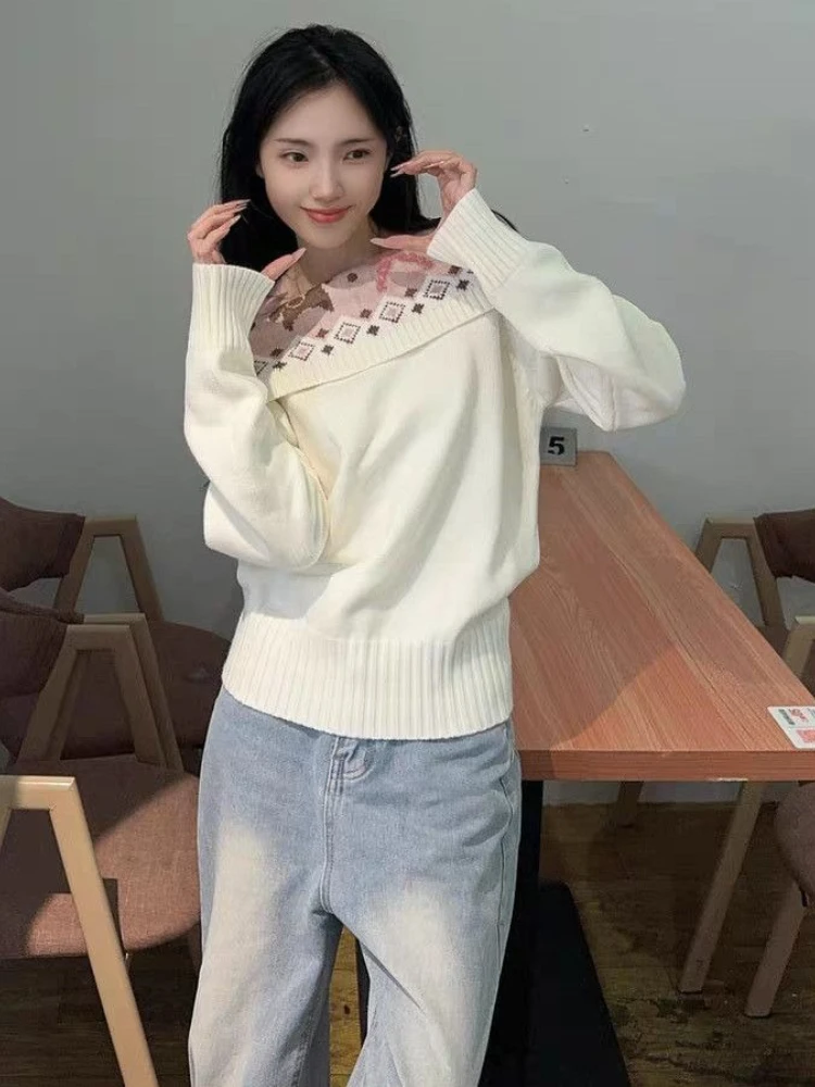 

Осенне-зимняя модная новая женская элегантная вязаная толстовка на одно плечо, свободный свитер с длинными рукавами и принтом ромбовидной сетки, джемпер