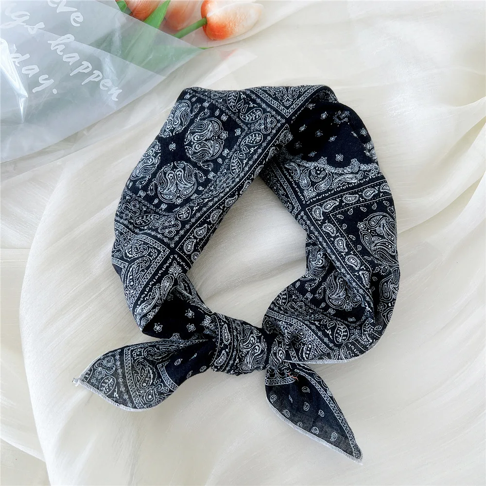 Foulard Carré en Coton et Lin pour Femme, Imprimé Floral, 55cm, Hijab, Bandana