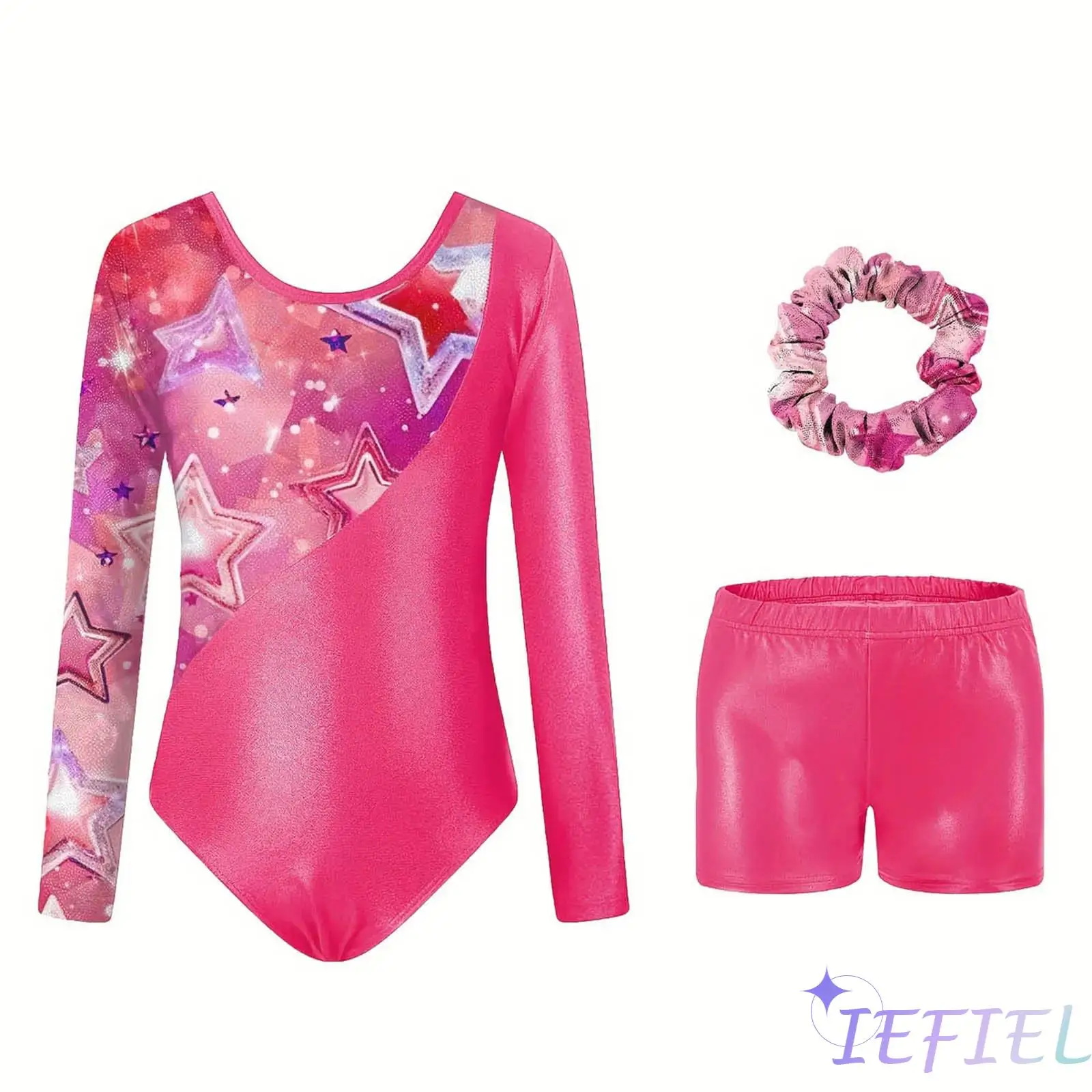 

Kids Girls Gymnastics Outfit Long Sleeve Star Printed Ballet Leotard with Shorts and Hair Band for Dance Practice Competition