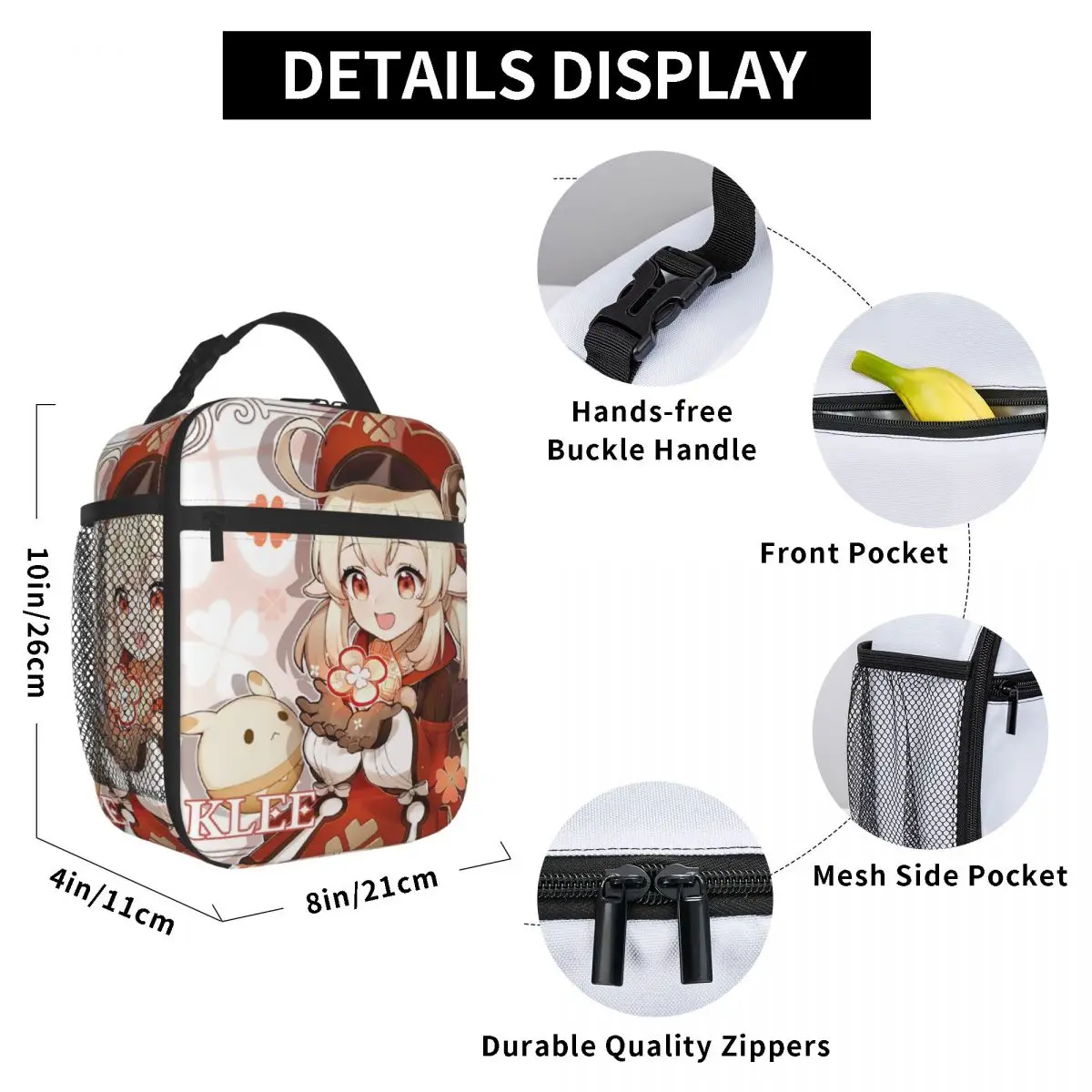 Genshin Impact Klee Insulated Lunch Bags for Camping Travel Anime Game Waterproof Cooler Thermal Bento Box Women Kids