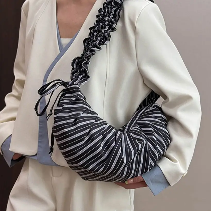 

Striped Printed Adjustable Drawstring Tote Bag Women's Pleated Lace Shoulder Strap Soft Lightweight Summer Commute Crossbody Bag