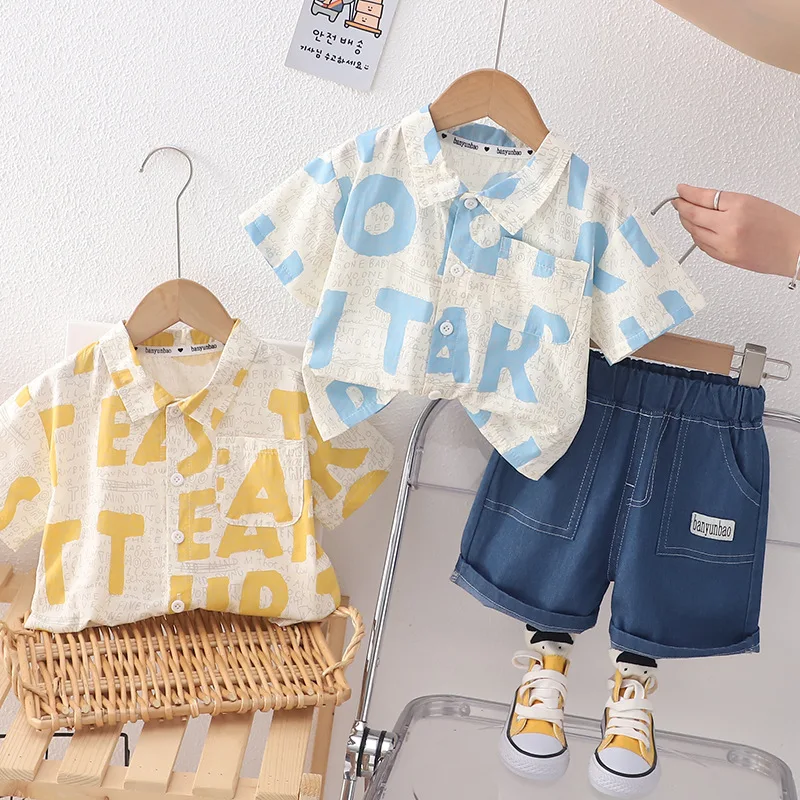 

Preschool Summer Infant Suits Children's Cotton Polo Neck Short Sleeve Shirt Top Denim Shorts 2 Pieces/Set Baby Casual Set 0-4Y