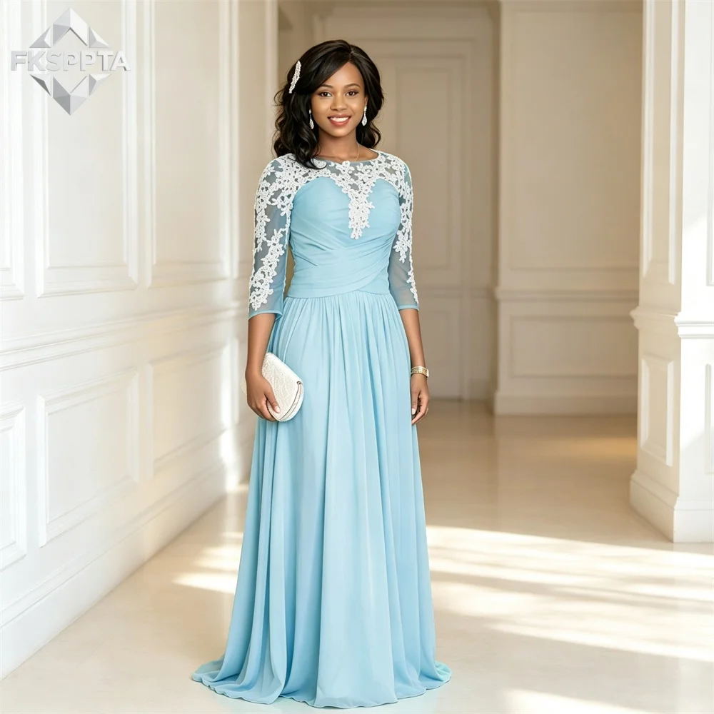 Elegantes Vestidos de Fiesta Largos de Gasa Azul Celeste con Apliques de Encaje Blanco, Corte A, Mangas 3/4, Maxi Vestidos de Noche para Mujer, Baratos