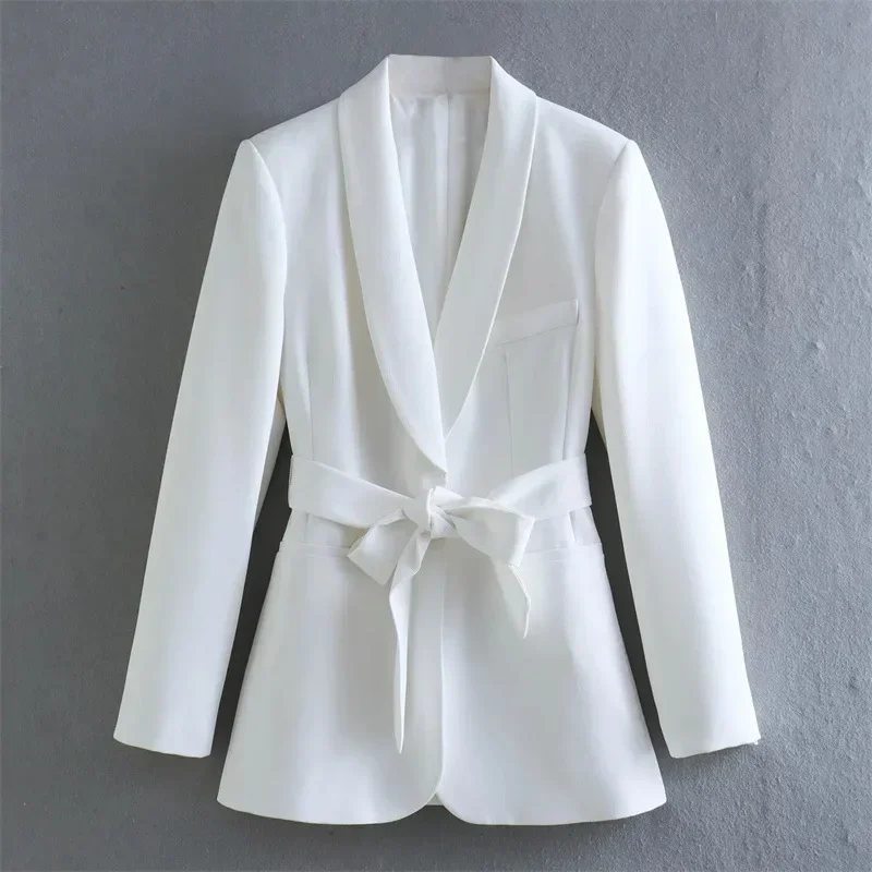 White Women Suit Loose Formal Blazer With Belt Pants Elegant Female Business Work Wear Office Lady Jacket Coat Trousers