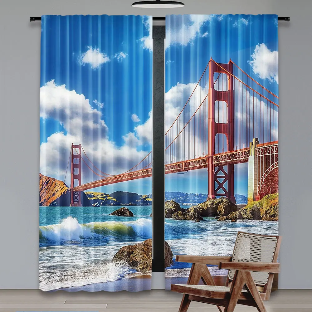 2Pcs Landscape Curtain San Francisco Golden Gate Bridge Rocky Sea Waterscape Scenic Coastline Vacation Suitable For Bedroom