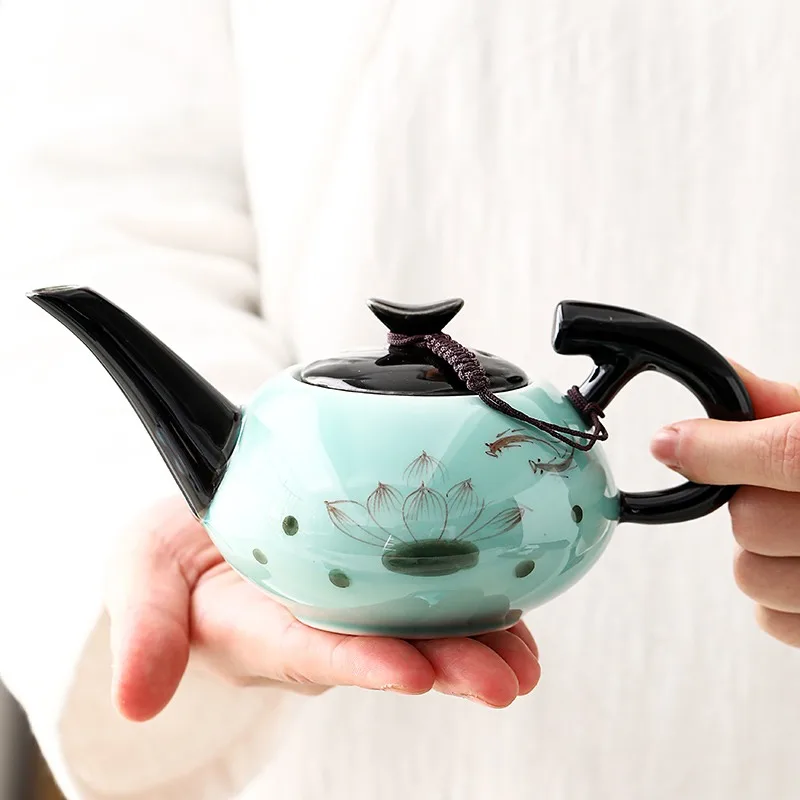 

Hege Creative Celadon Hand drawn Small Tea Pot Ceramic Home Kung Fu Tea Set Long Mouth Pot with Filter Single Pot Tea Maker