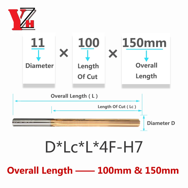 YZH 100mm 150mm Carbide Machine Reamer HRC60 Coated Straight Groove Tolerance H7 Harened Steel Metal Cutter CNC Turning Hole