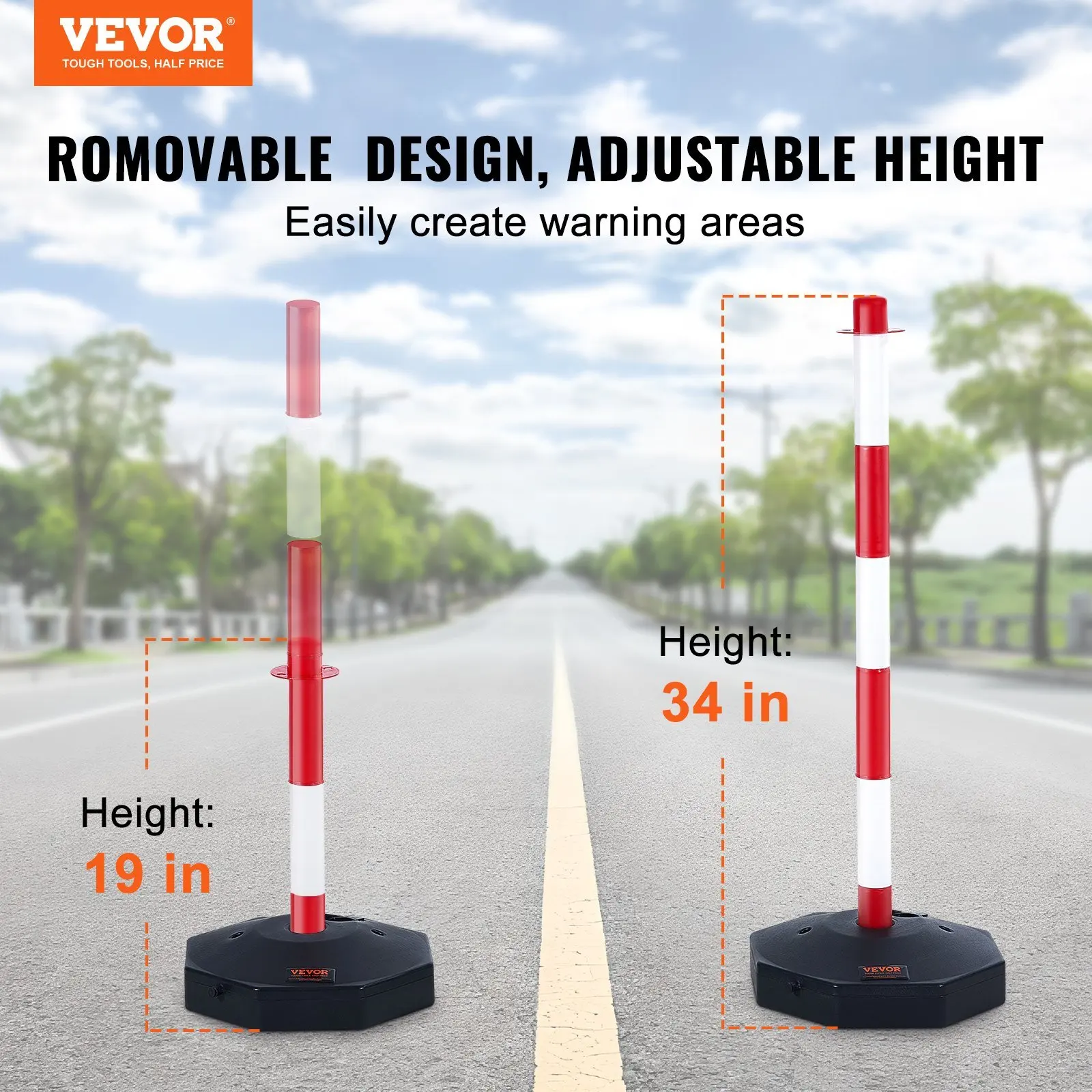 VEVOR Adjustable Traffic Delineator Post Cones, 6 Pack, Traffic Safety Delineator Barrier with Fillable Base 6.6FT Chain, for Tr