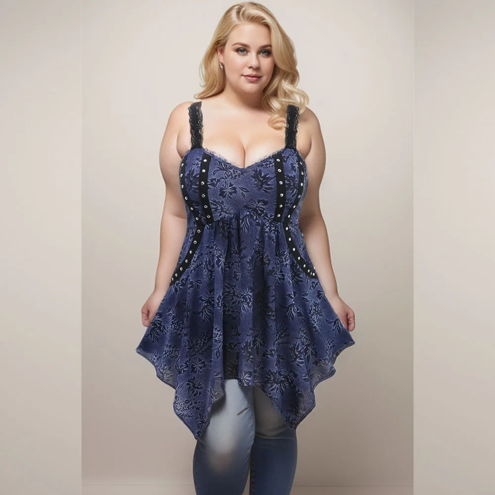 

ROSEGAL Plus Size Women's Blue Casual Tank Top Floral Faint Rivet Lace Strap Asymmetric Vest With Pockets, New High Stretch Tops