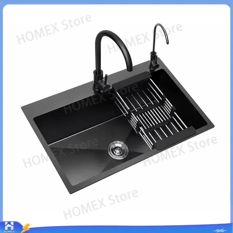 Custom Nano Black 304 Stainless Steel Kitchen Sink Single Bowl Deep Basin Handmade Two Holes Eco Friendly Undermount Wash