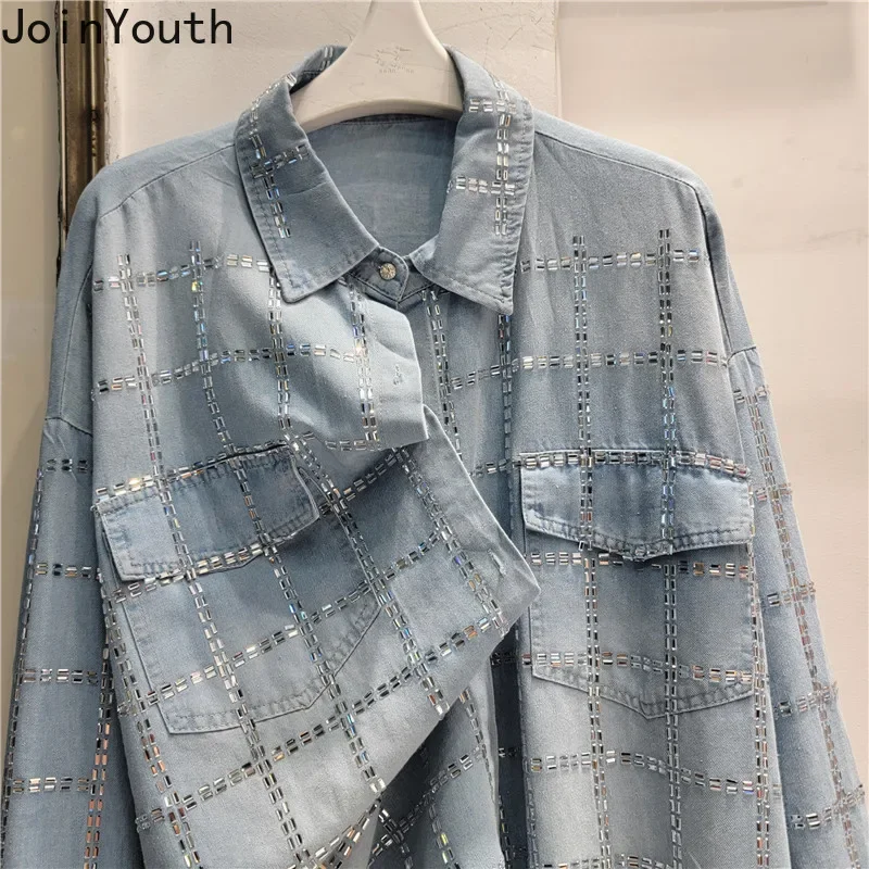 Streetwear Denim Blouses Women Clothing Long Sleeve Diamond Fashion Casual Shirts 2024 Camisas De Mujer Vintage Y2k Tops 7o646