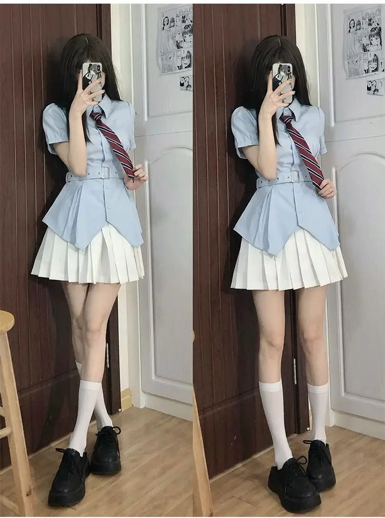 Camisa blanca de Japón para mujer, falda de estilo Preppy coreano, Blusa de manga larga con cuello vuelto, uniforme escolar para niña, camisas ajustadas para estudiantes