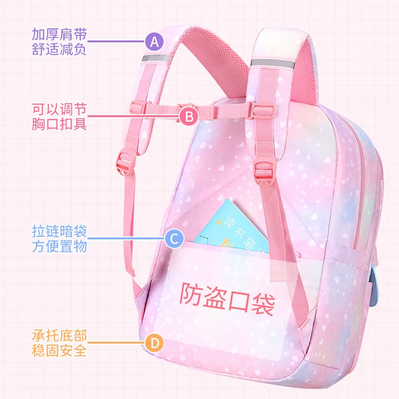 Elementary Students Kids Backpack Girls Large Capacity Breathable Lightweight Spine Care Waterproof Cute Rainbow School Backpack