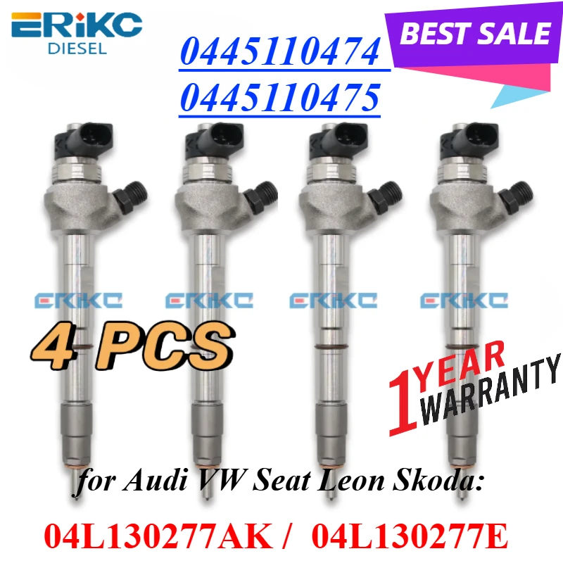 4PC 0445110474 Common Rail Injector 0445110475 Auto Part Nozzle 0 445 110 474 for Audi VW Seat Leon Skoda 04L130277AK