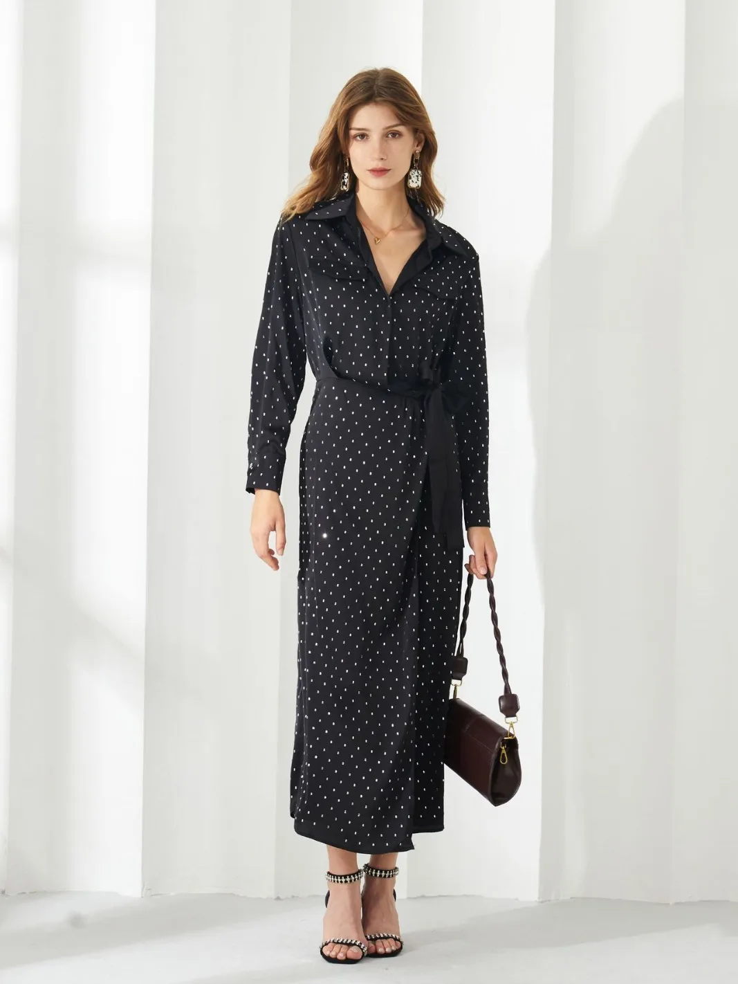 Customized Women's Long Sleeve Black foil Stamping Dot Wrap Dress