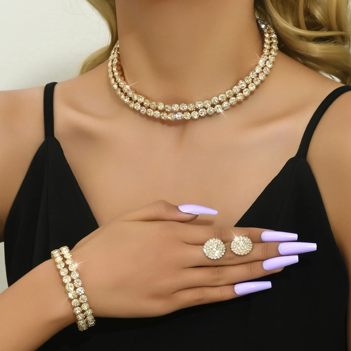 طقم مجوهرات للنساء من حجر الراين ، أقراط زفاف ، قلادة ، سوار ، حفلة ، أزياء فاخرة ، إكسسوارات ، 4 * * #3