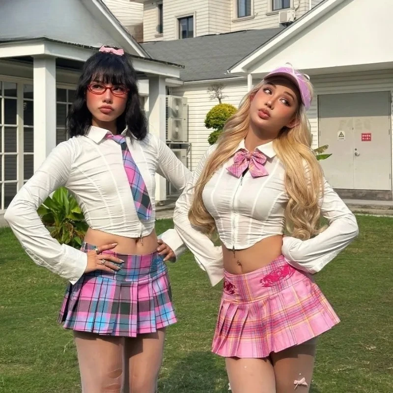 Gothic Millennium Hot Girl Y2K Pink Blue Embroidered Pleate Skirt Short American Trendy College Style Midi Skirt 2025 Hot Sale