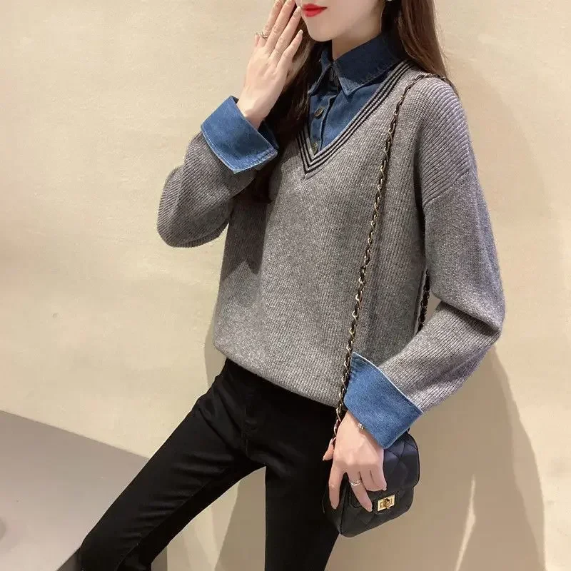 Korean Fashion Denim Knitted Spliced Fake Two Pieces Shirt Women Clothing 2022 Autumn New Commute All-match V-Neck Casual Blouse