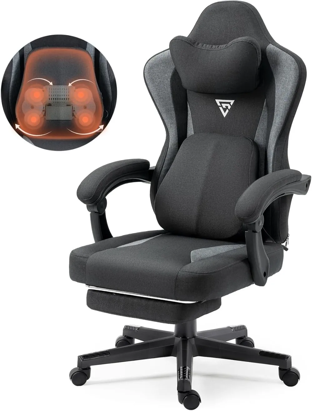 Massage Gaming Chair with Heated Lumbar Support, Breathable Fabric Office Chairs with Footrest and Pocket Spring Cushion