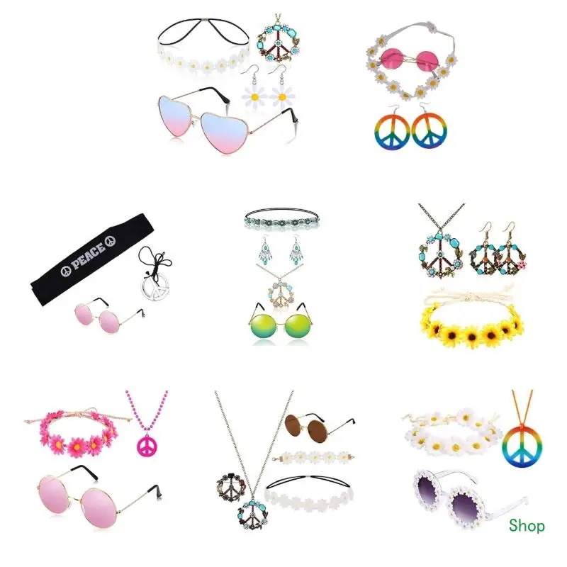 

Dropship Women Hippie Costume Set Vintage Glasses Peace Sign Necklace HairBand for Party