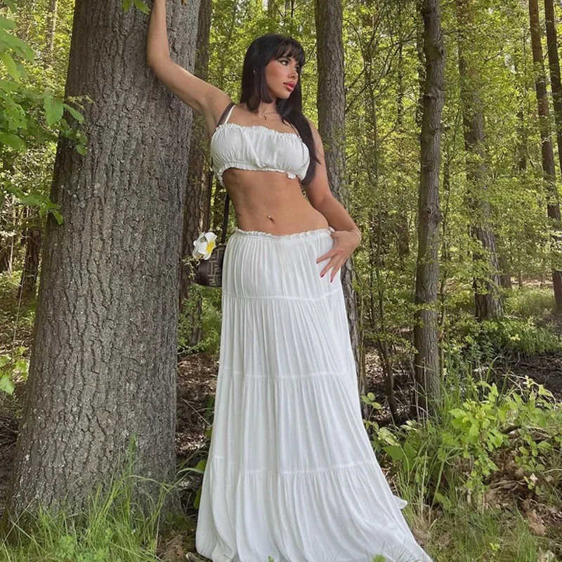 Pleated Halter Top 2 Piece Sexy Sleeveless Backless Plunge Set Casual Beach Holiday Female Long Halter Skirt 2 Pieces