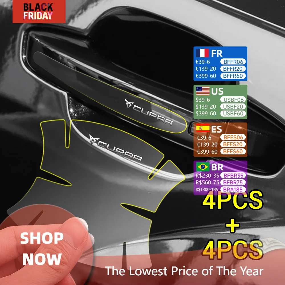 8pcs PVC Car Emblem Transparent Door Bowl Handle Protector Stickers Decor For Seat Cupra FR Racing Ibiza Leon Ateca Exeo Tarraco