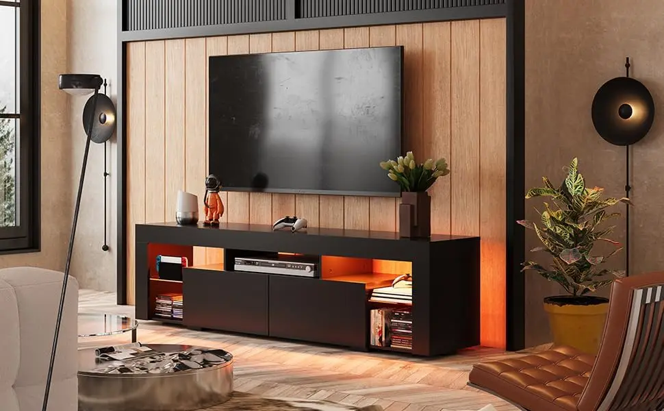 63 TV Stand, LED Entertainment Center for 60 to 70 Inch TV, Modern TV Console with 2 Drawers, TV Stands for Living Room,