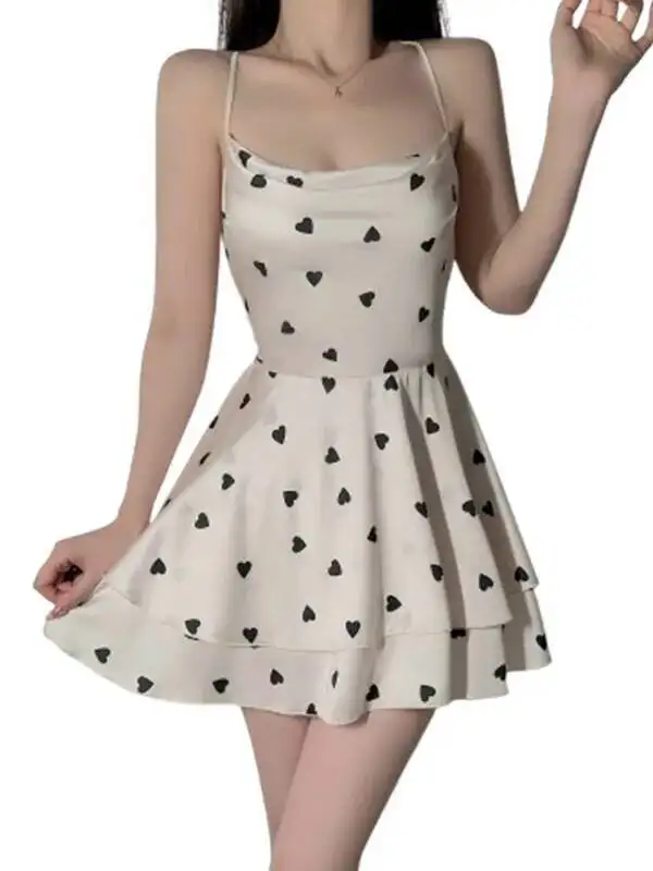 Abito in raso con stampa a pois dolce Elegante abito scollato imbottito con lacci senza schienale Abito da casa taglie forti Casaul Affascinante KZZM