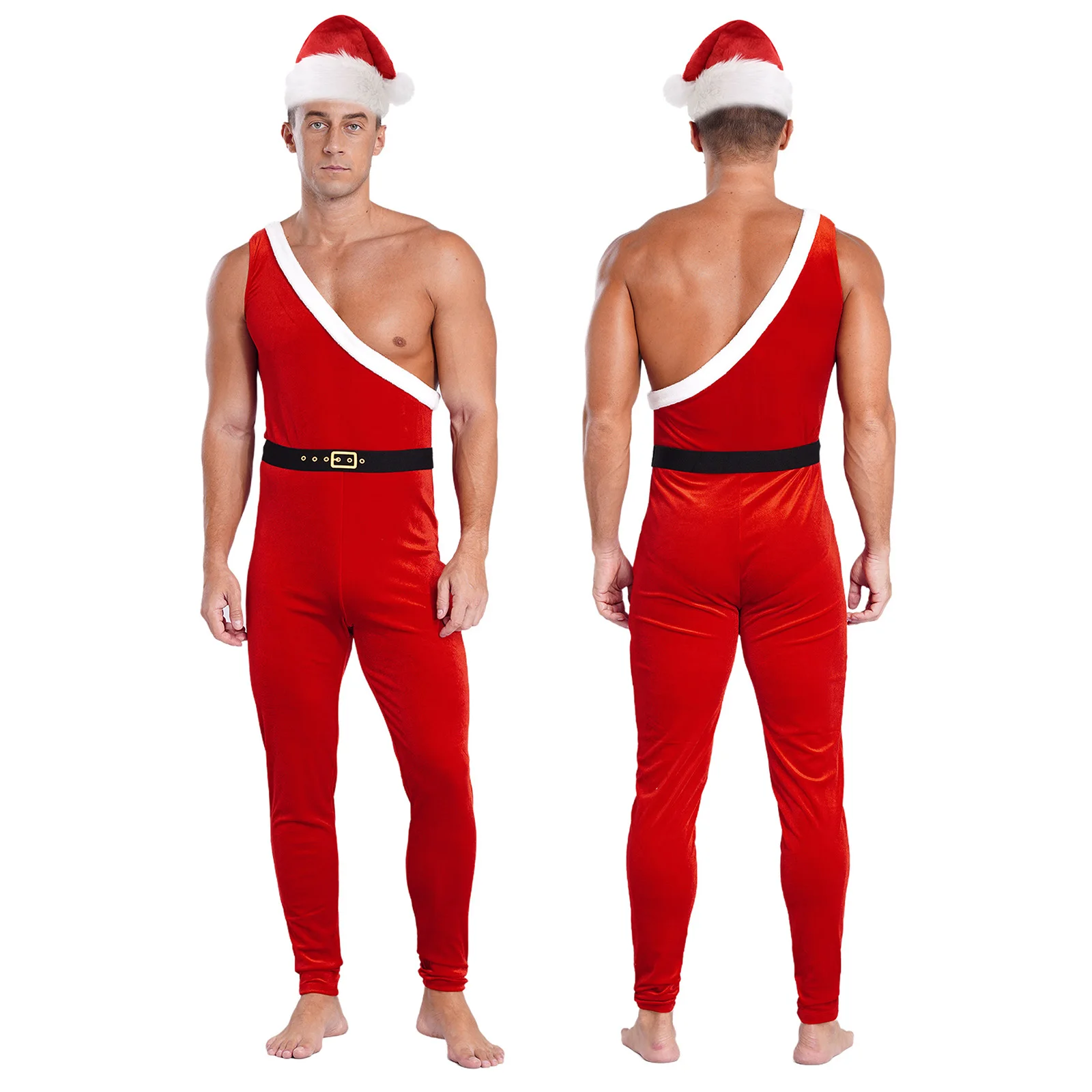 

3Pcs Men Christmas Santa Claus Costume Xmas New Party Dress Up One Shoulder Sleeveless Bodysuit with Belt and Hat Set Clubwear
