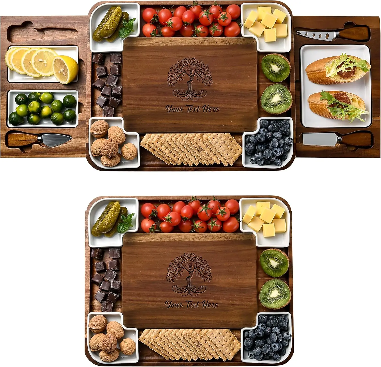 مجموعة ألواح الجبن الخشبية الأنيقة من خشب السنط، طبق فحم مربع بنمط مصنوع يدويًا وأدوات مائدة من الفولاذ المقاوم للصدأ #6