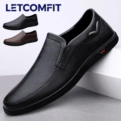 LETCOMFIT 남성 캐주얼 비즈니스 옥스포드 2겹 소가죽 고무 밑창 남성 통기성 로퍼 슬립온 솔리드 인조 가죽 신발
