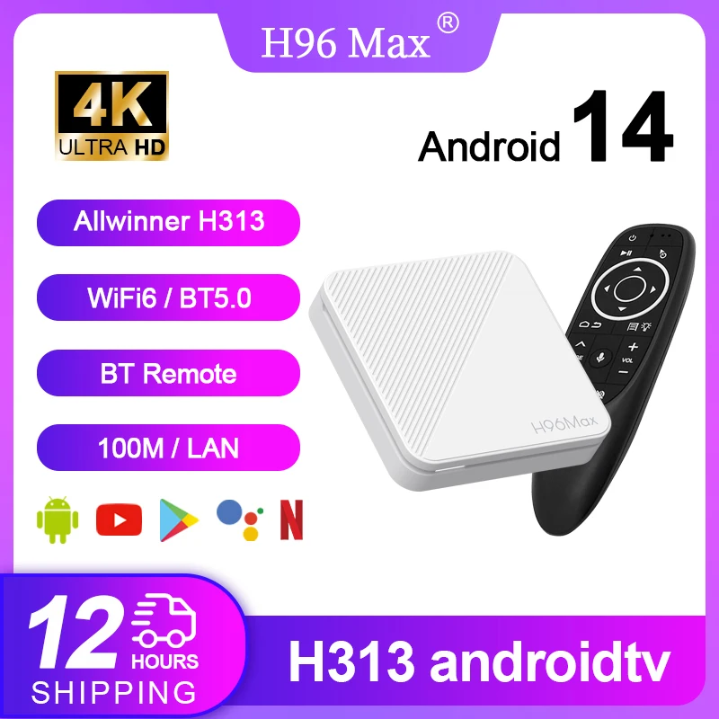 H96 MAX H313 Smart TV Box Android 14 TV Box 4K@60fps 100M/LAN Dual Wifi6 BT5.0 Google Voice Assistant Media Player Set Top Box