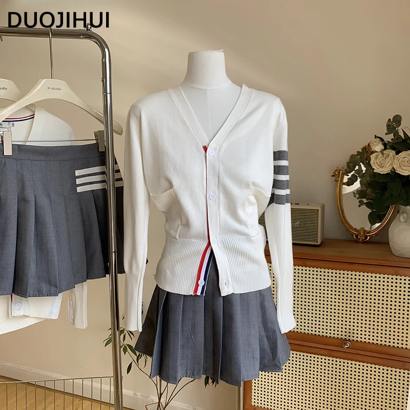 

DUIJIHUI Preppy Style Basic V-neck Knitted Female Cardigan Autumn Classic Striped Fashion Contrast Color Simple Women Cardigans