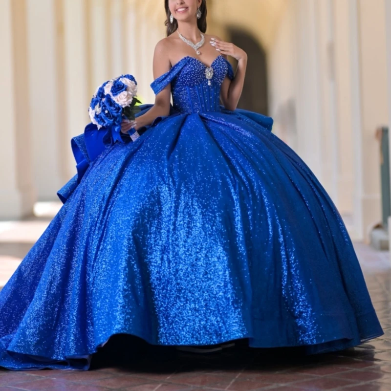 

Royal Blue Shiny Ball Gown Quinceanera Dresses Off The Shoulder Beads Bow Tull Party Birthday Sweet 16 Dress Vestidos 15 De Anos