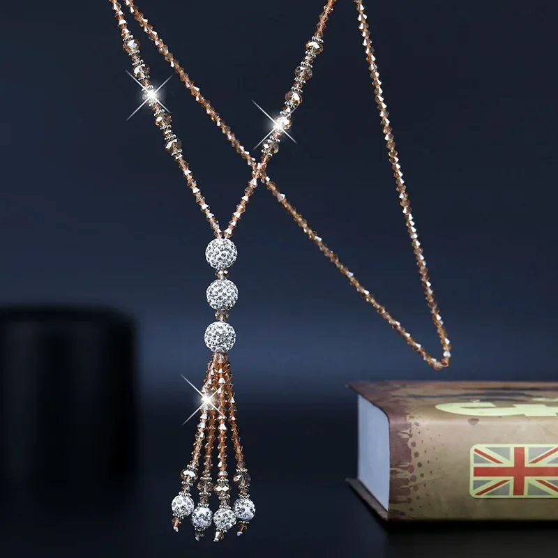 Korean Fashion Shiny Crystales Beads Long Tassel Necklace for Women Simple Sweater Chain Charm Female Party Jewelry