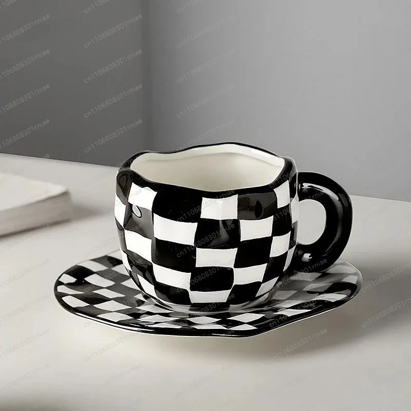 250ml Black and White Alternately Coffee Mug and Saucer Irregular Shape Ceramic Water Cup Office Breakfast Juice Milk Tea Cup