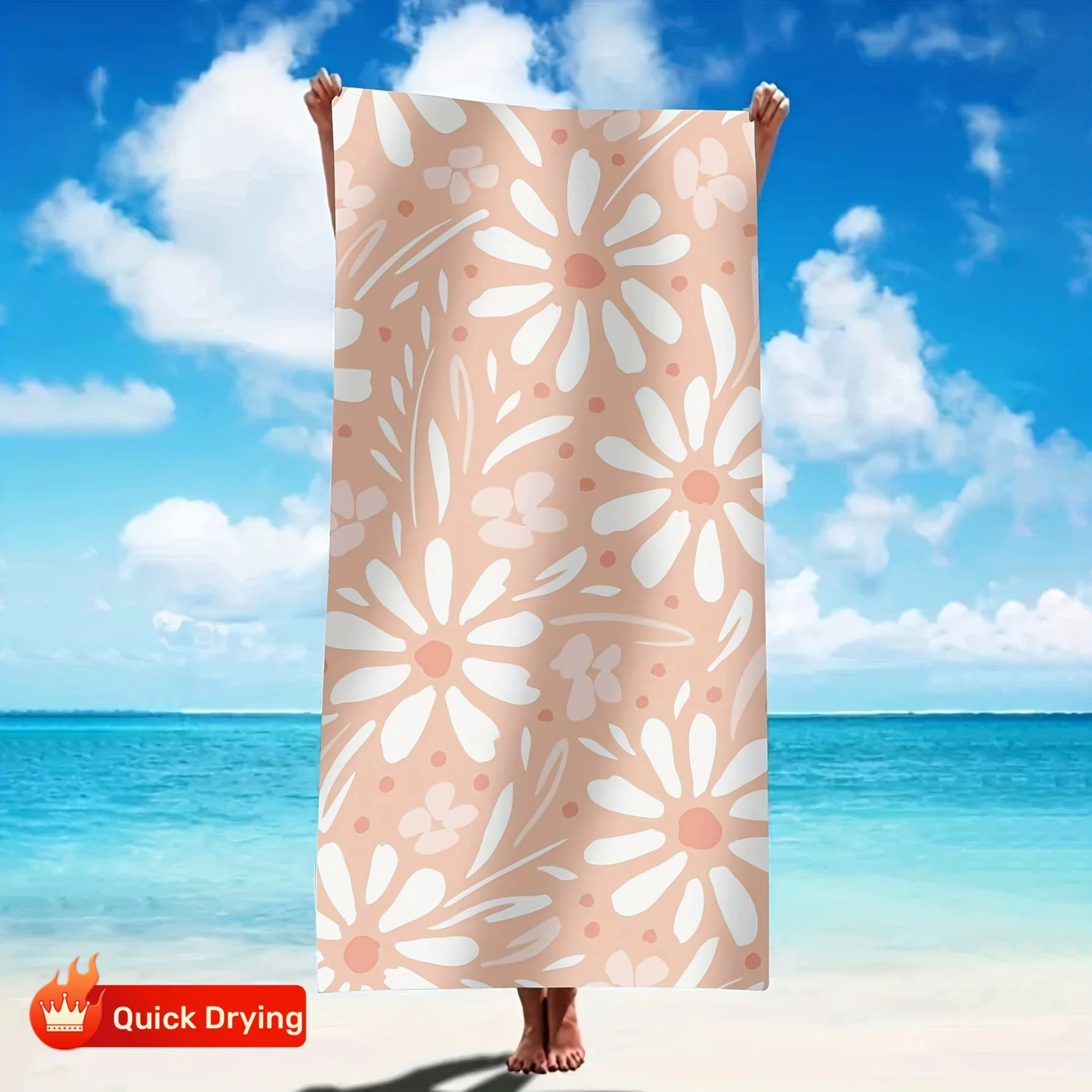 Large Daisy Print Beach Towel, Peach Pink Floral Design, Quick Dry Microfiber, Sand Free, Perfect for Beach, Pool, Travel