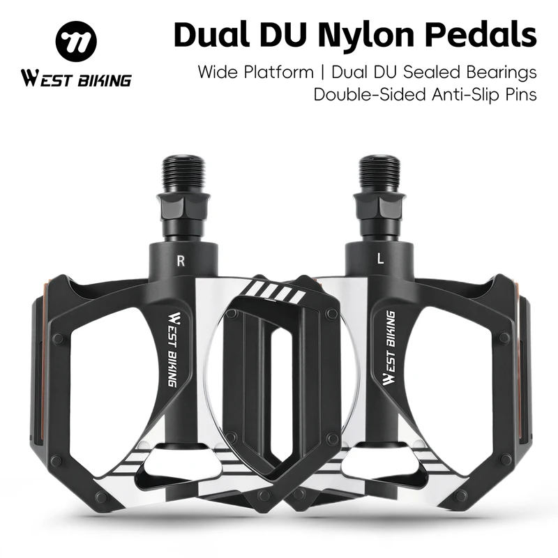 WEST BIKING Dual DU Nylon Fahrradpedale, Leichtgewichtige Reflektierende MTB Rennrad-Pedale, Verbreiterte Rutschfeste Fahrrad-Flachpedale, Fahrradteile