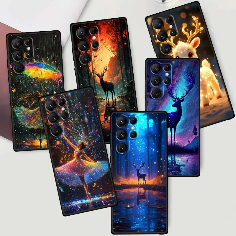 

Luminous Sparkling Deer Girl Phone Case For Samsung Galaxy S25 S24 S23 S22 S21 S20 S10 Ultra Plus FE 5G Black Soft TPU Cover