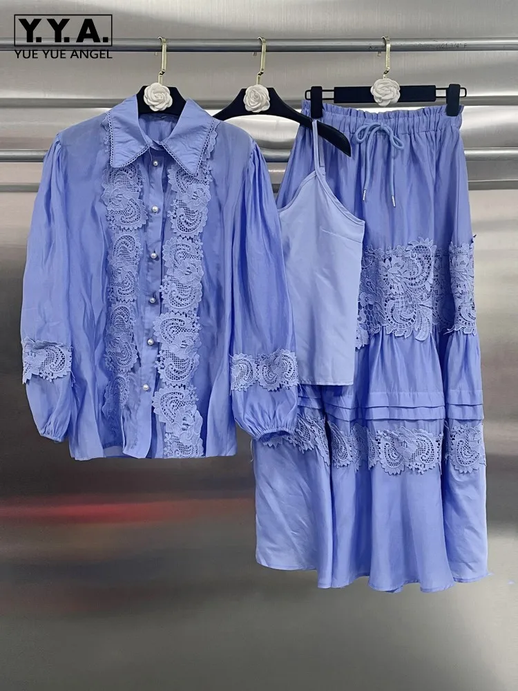 Vintage Damen Spitzen-Hohlmuster-Shirt mit langen Ärmeln, langer Rock, 3-teiliges Set, Frühling, neuer Boho-Stil, bestickte, passende Sets