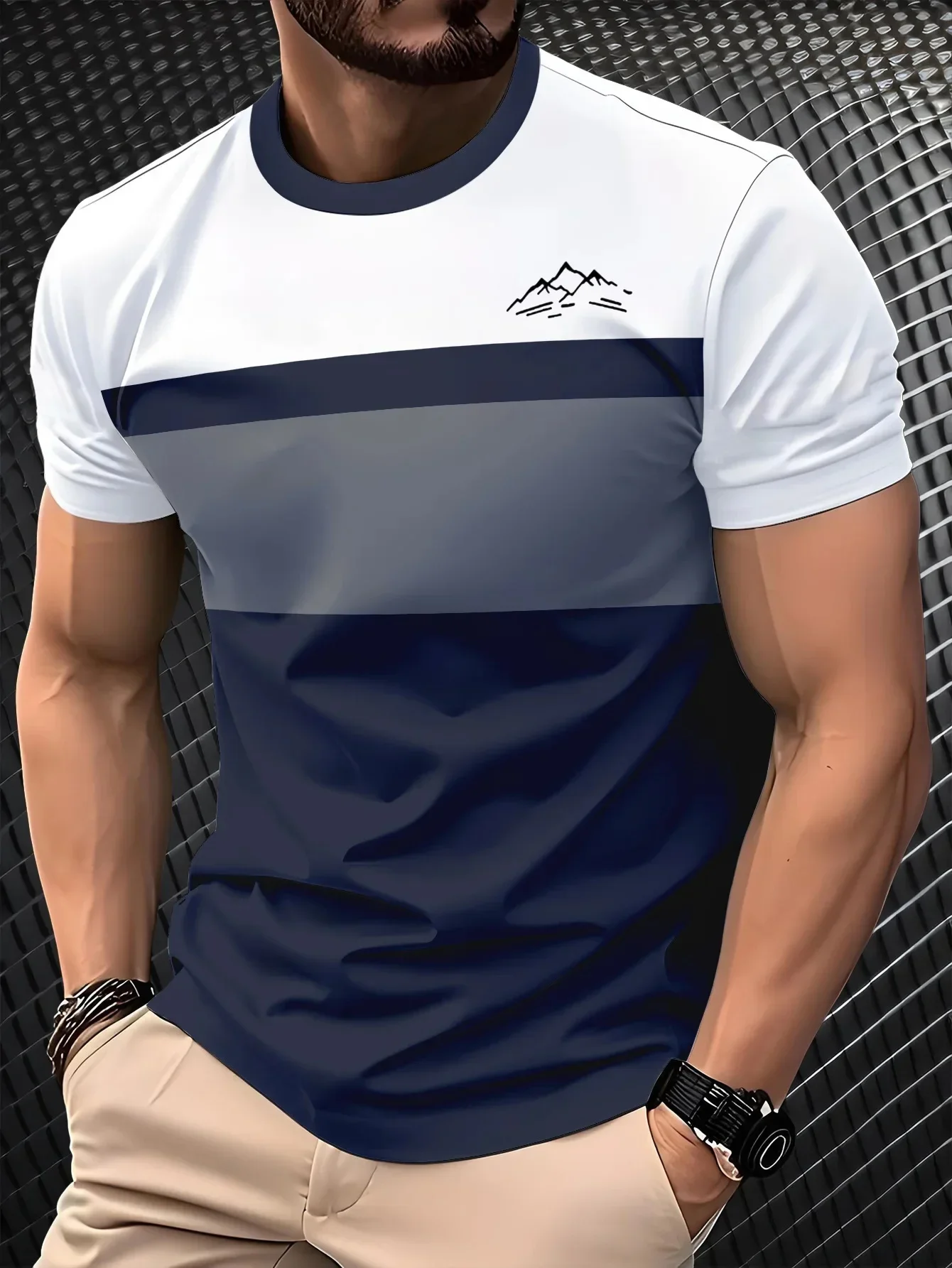 Fashion New Men Gradient Color Block T Shirt Minimal Mountain Graphic Crew Neck Short Sleeve Summer Casual Tee Trend Men Clothes