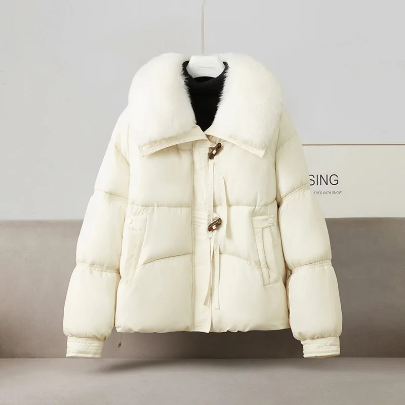 Women Short Parkas Coats Oversize Jacket Solid Big Fur Collar Toggle Zipper Long Sleeve Loose Thick Elegant Casual Winter 2025