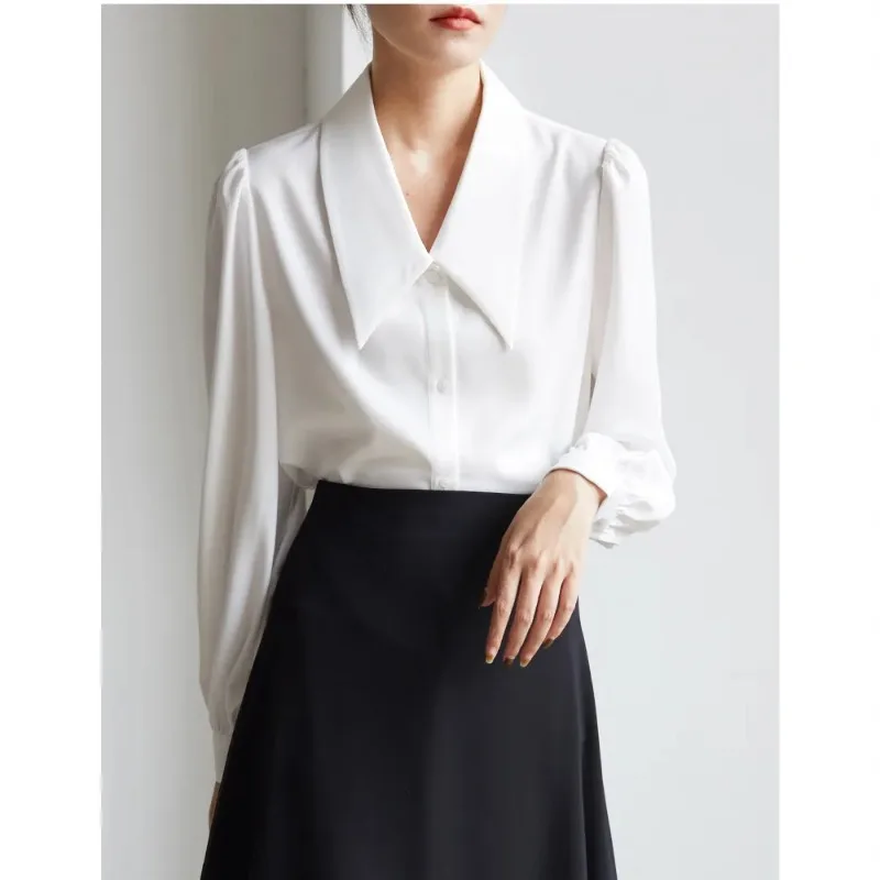 

Женская белая блузка с широким воротником, длинными пышными рукавами и застежкой на пуговицы, повседневная офисная рубашка