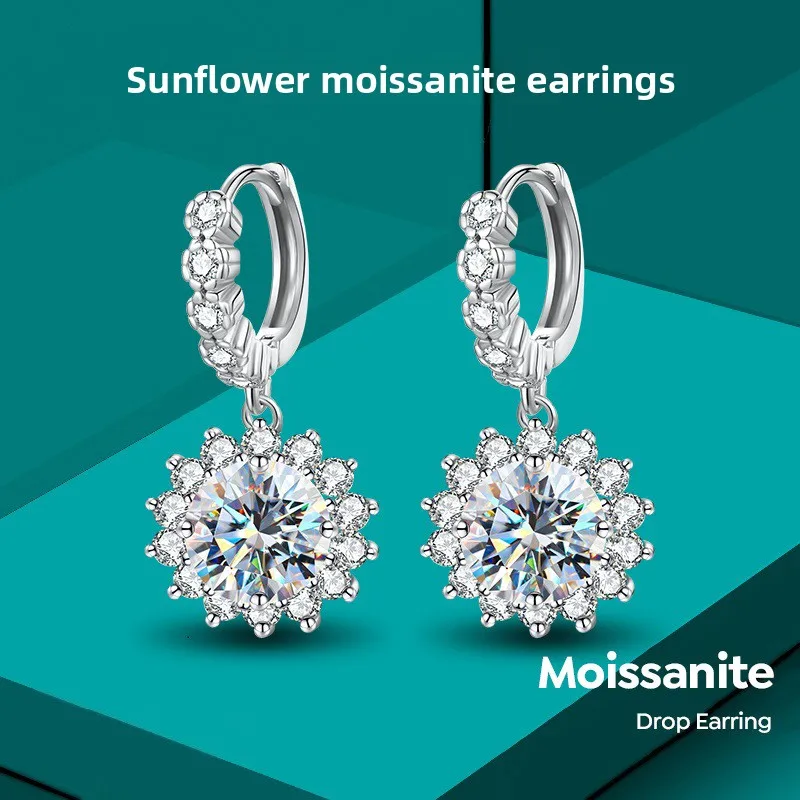 S925 Rhodium Plated Silver 2CT D Color Moissanite Sunflower Fringe Earrings for Women, Exquisite Jewelry